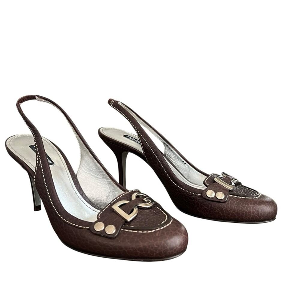 Dolce & Gabbana Women’s Vintage Y2K Brown Round Toe Silver Logo Pump Heels 38 - Picture 2 of 11